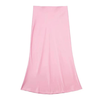 TRAFZA 2024 Y2K Casual Women Long Skirt Spring Elastic High Waisted A-Line Casual Female Satin Skirts High Street Lady Skirts - Smarsty