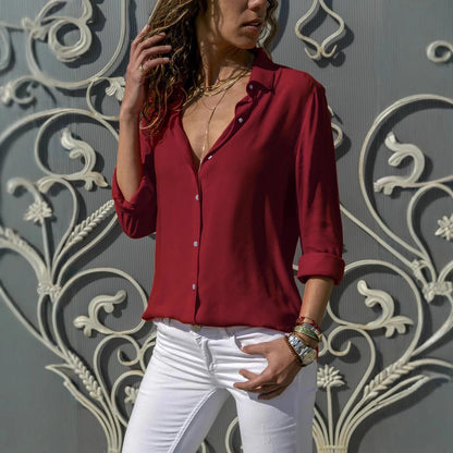 Women's summer outdoor long-sleeved lapel solid color versatile shirt fashion casual ladies single-breasted cardigan tops - Smarsty