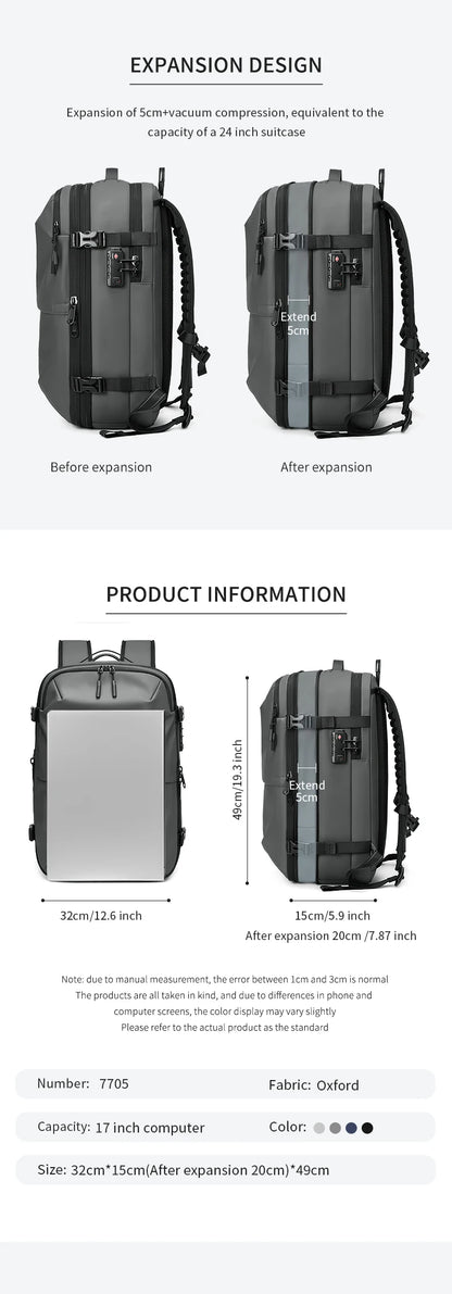 Men Travel Backpack vacuum compression 17 inch Laptop Backpack Business Large Capacity school Backpack Expanded Hiking backpack - Smarsty
