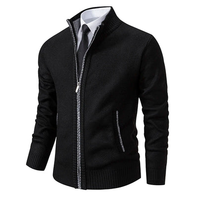 Autumn And Winter New Jersey Men's Casual Sports Coat Solid Color Stand Collar Wweater Grab Fleece Warm Zipper Cardigan - Smarsty