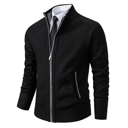 Autumn And Winter New Jersey Men's Casual Sports Coat Solid Color Stand Collar Wweater Grab Fleece Warm Zipper Cardigan - Smarsty