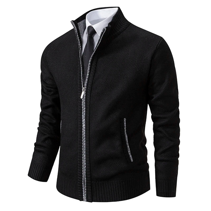 Autumn And Winter New Jersey Men's Casual Sports Coat Solid Color Stand Collar Wweater Grab Fleece Warm Zipper Cardigan - Smarsty
