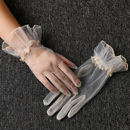 Women Lace Tulle Gloves Stretchy Full Finger Wedding Gloves - Smarsty