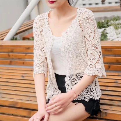 Women Knitted Lace Shrug Boho Hollow Crochet Floral 3/4 Sleeves Open Front Cropped Cardigan Elegant Mesh Sweater Coveup - Smarsty
