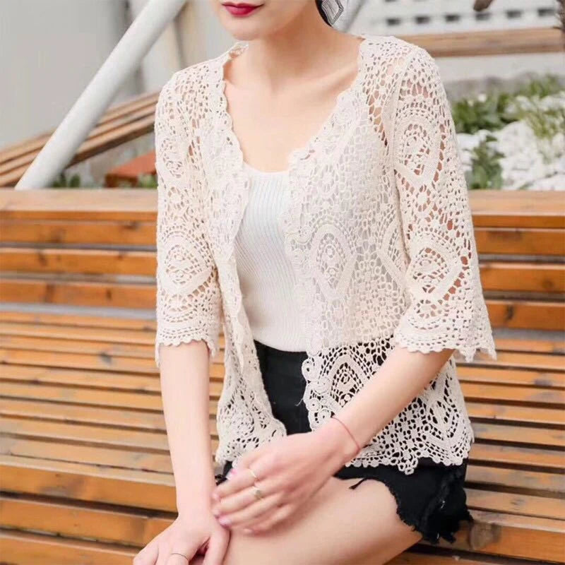 Women Knitted Lace Shrug Boho Hollow Crochet Floral 3/4 Sleeves Open Front Cropped Cardigan Elegant Mesh Sweater Coveup - Smarsty