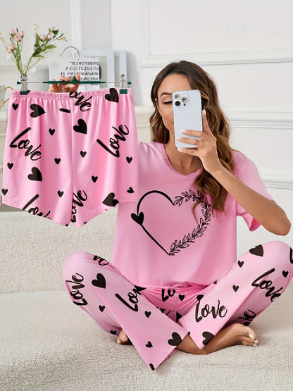 Women's Short Sleeve Crew Neck Top With Shorts And Pants 3 Piece Loungewear Sleepwear Lounge Sets Nighty Print Casual Pajama Set - Smarsty