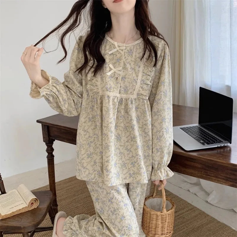 Women Plus Size Pajamas Garden Style Student Homewear Two-Piece Korean Version of the Bow Can Be Worn Outside Long-Sleeved women - Smarsty