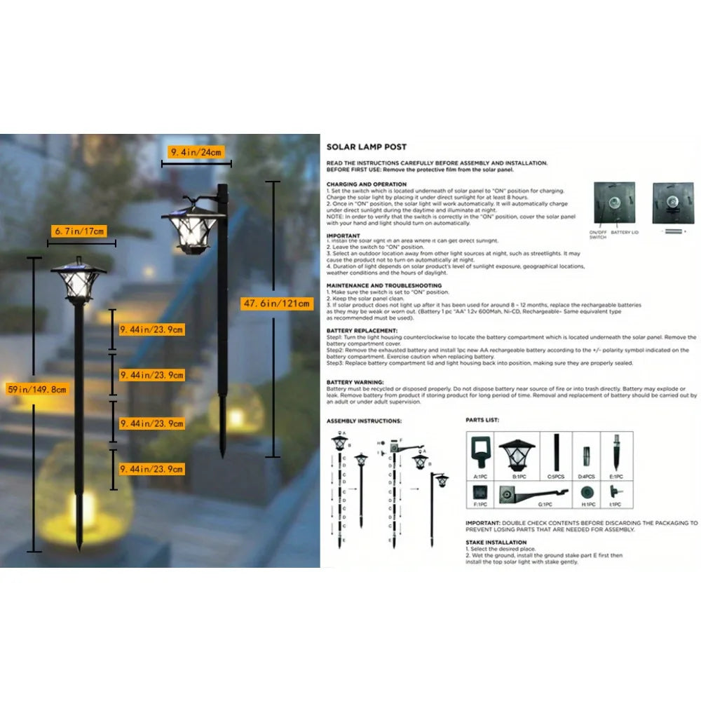 59'' Solar Lamp Post Light, Outdoor Solar Lamp Post Lighting, Aluminum Retro Black Light Pole