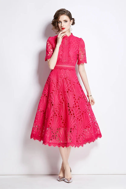 H Han Queen Spring New Elegant Casual Work Party Dresses Floral Crochet Hollow Out Lace Patchwork Casual Office Midi Dress - Smarsty