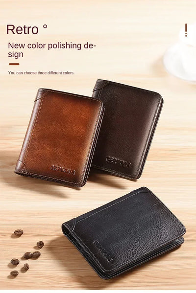 Men Wallet Genuine Leather Rfid Blocking Trifold Wallet Vintage Thin Short Multi Function ID Credit Card Holder Male Purse Money - Smarsty