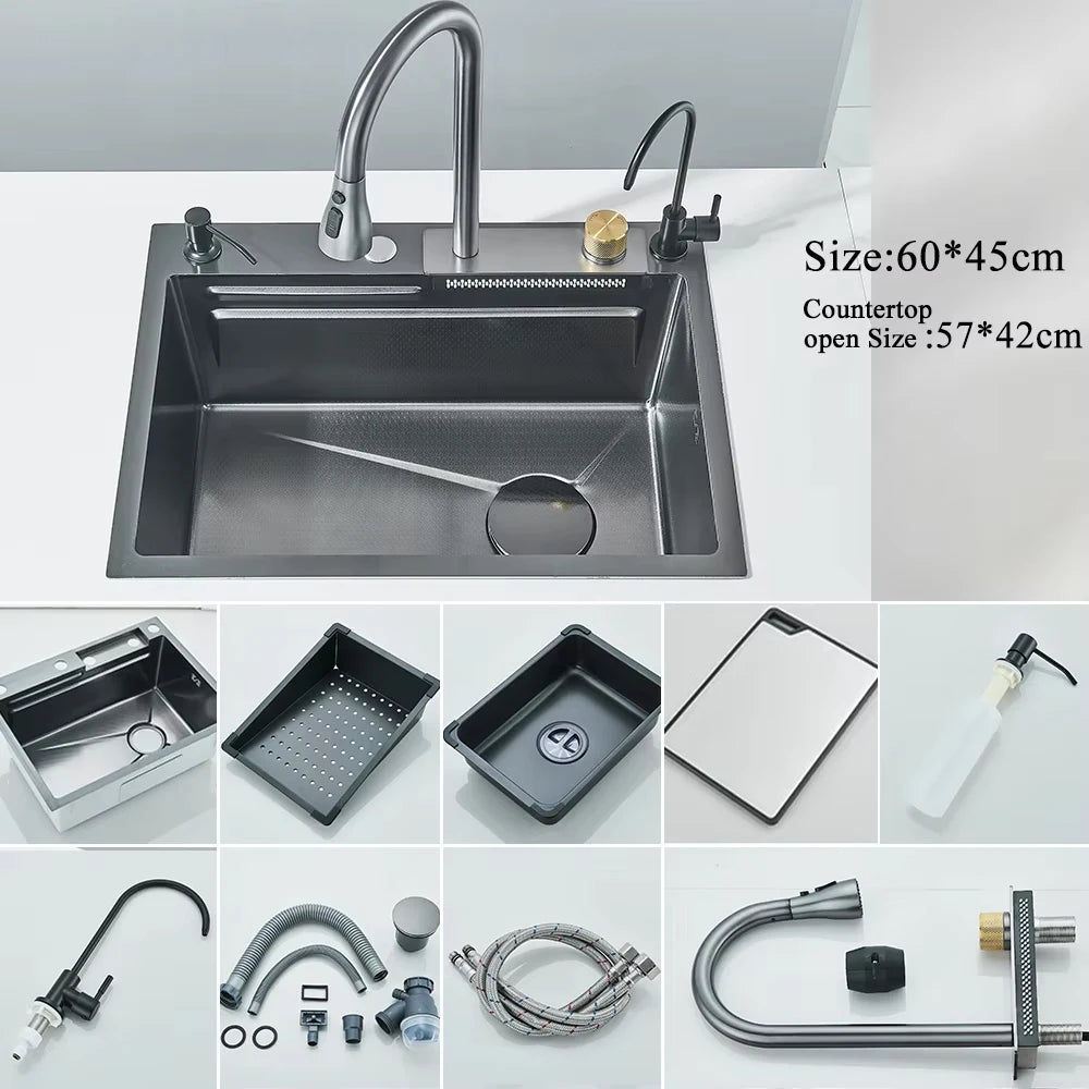 Large Stainless Steel Kitchen Sink with Digital Faucet Display - Smarsty