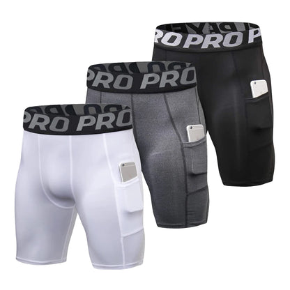 Mens Gym Shorts with Pockets Workout Compression Leggings for Men Polyester Boxer Briefs Running Basketball Athletic Tights - Smarsty