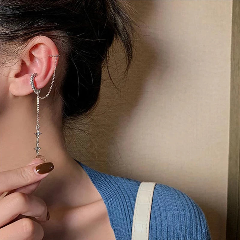 Shiny Silver Crystal Tassel Non-Piercing Ear Clip Earrings - Smarsty