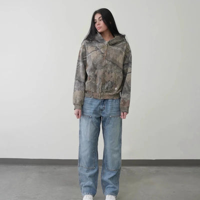 Y2K Retro zip up Hoodie Men Camouflage Pattern zipper Sweatshirt High Street Hip Hop Streetwear Oversized Unisex Camo Hoodie - Smarsty