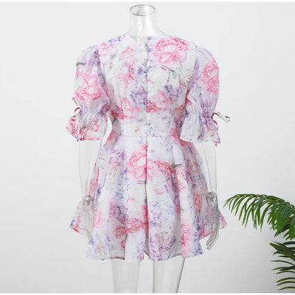 Women Mesh Patchwork Flower Print Mini Dress Elegant V-neck Short Sleeve High Waist A-line Dresses 2025 New High Street Vestidos - Smarsty