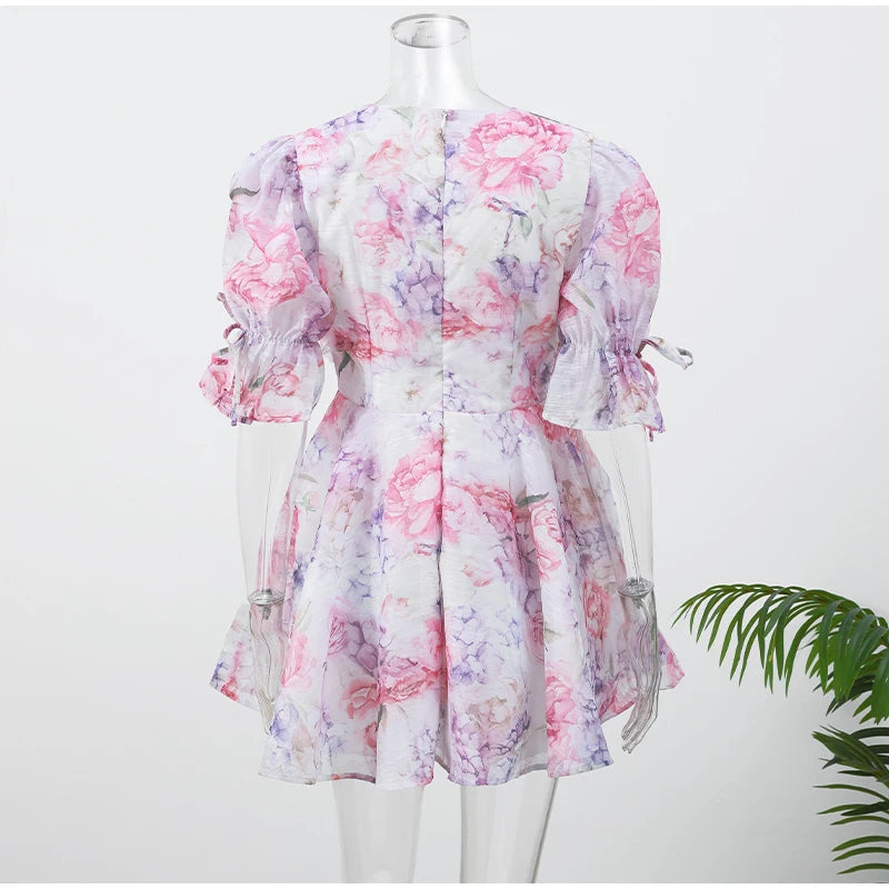 Women Mesh Patchwork Flower Print Mini Dress Elegant V-neck Short Sleeve High Waist A-line Dresses 2025 New High Street Vestidos - Smarsty