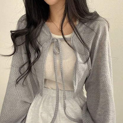 Casual Knitted Cardigan Women Fashion Thin Sunscreen Lace-Up Knitwear Tops Y2k Girls Korean Style Lantern Sleeve Cropped Coat - Smarsty