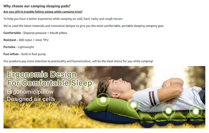 WESTTUNE Camping Sleeping Pad Ultralight Camping Mat with Pillow Built-in Foot Pump Inflatable Mattress for Backpacking Hiking