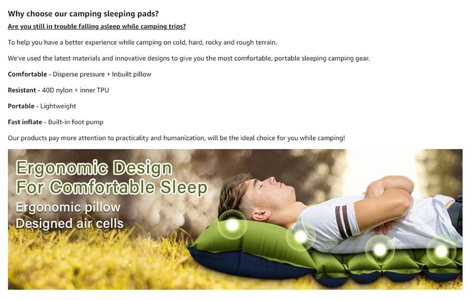 WESTTUNE Camping Sleeping Pad Ultralight Camping Mat with Pillow Built-in Foot Pump Inflatable Mattress for Backpacking Hiking