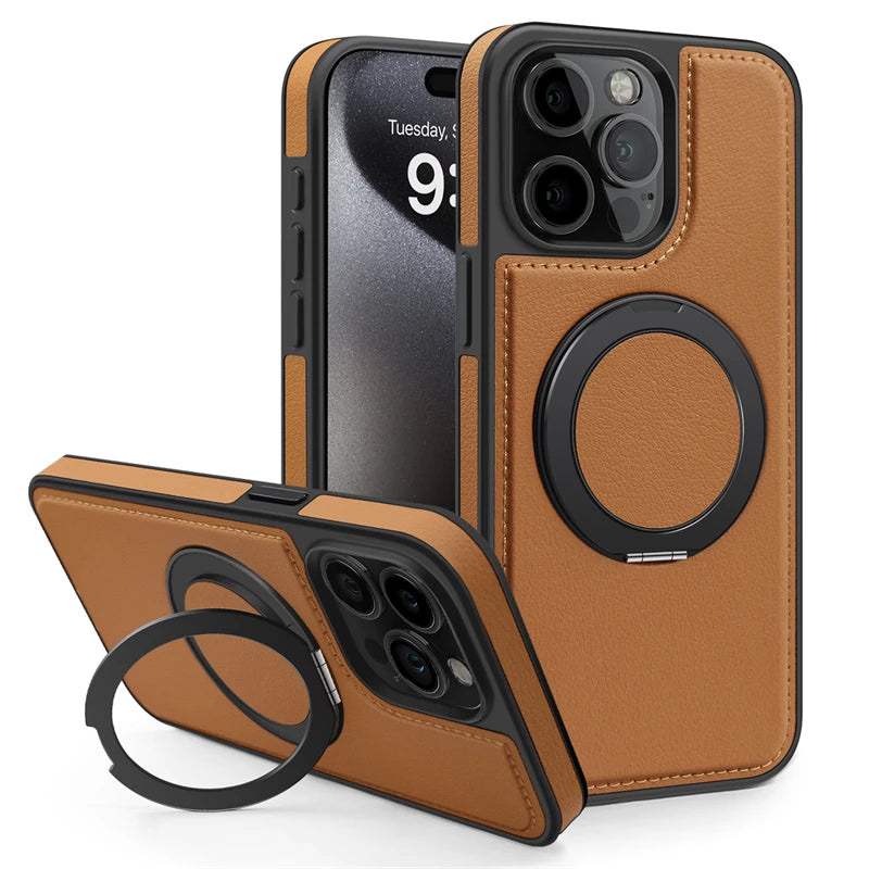 360 Rotating Metal Ring Stand Magnetic Leather Case for IPhone 17 Air 15 14 13 12 11 16 Pro Max Plus 15Pro Magsafe Holder Cover