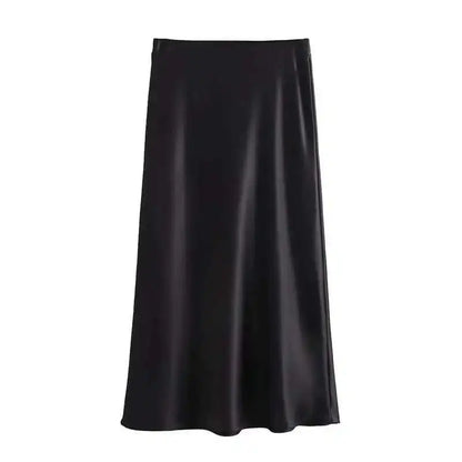 Women 2025 Satin Black Skirt Women High Waist Long Skirts for Women Summer White Midi Skirt Office Elegant Daily Skirts - Smarsty