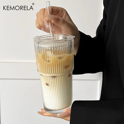 600ML Eco-Friendly Stripe Glass Coffee Cup with Lid - Smarsty