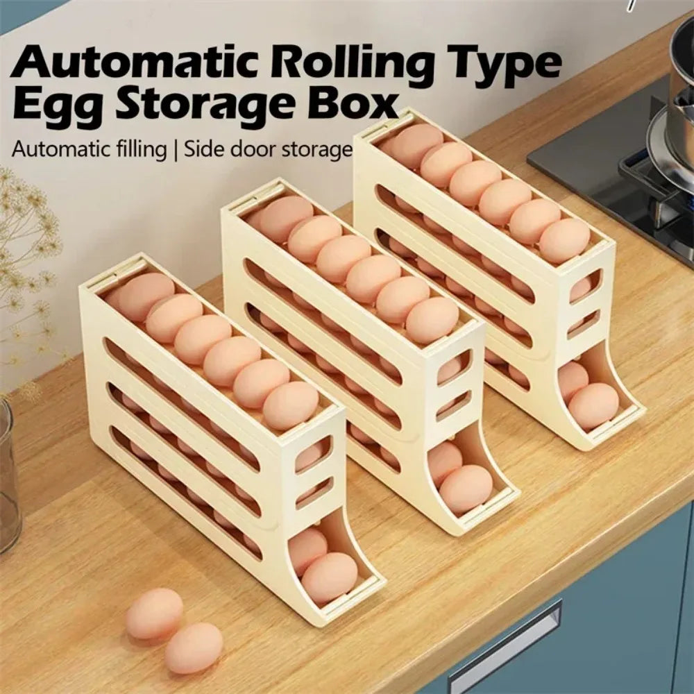 Refrigerator Egg Storage Box, 4 Tier Rolling Egg Holder Dispenser, Kitchen Automatic Scrolling Egg Holder Kitchen
