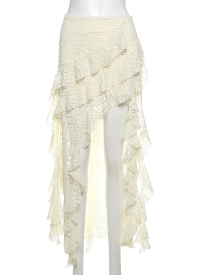 Nibber Tassels Women Skirts Irregular Hem Multi-Layered Ruffles Lace Patchwork Sweet Summer Trend Daily Skinny Versatile Bottoms - Smarsty