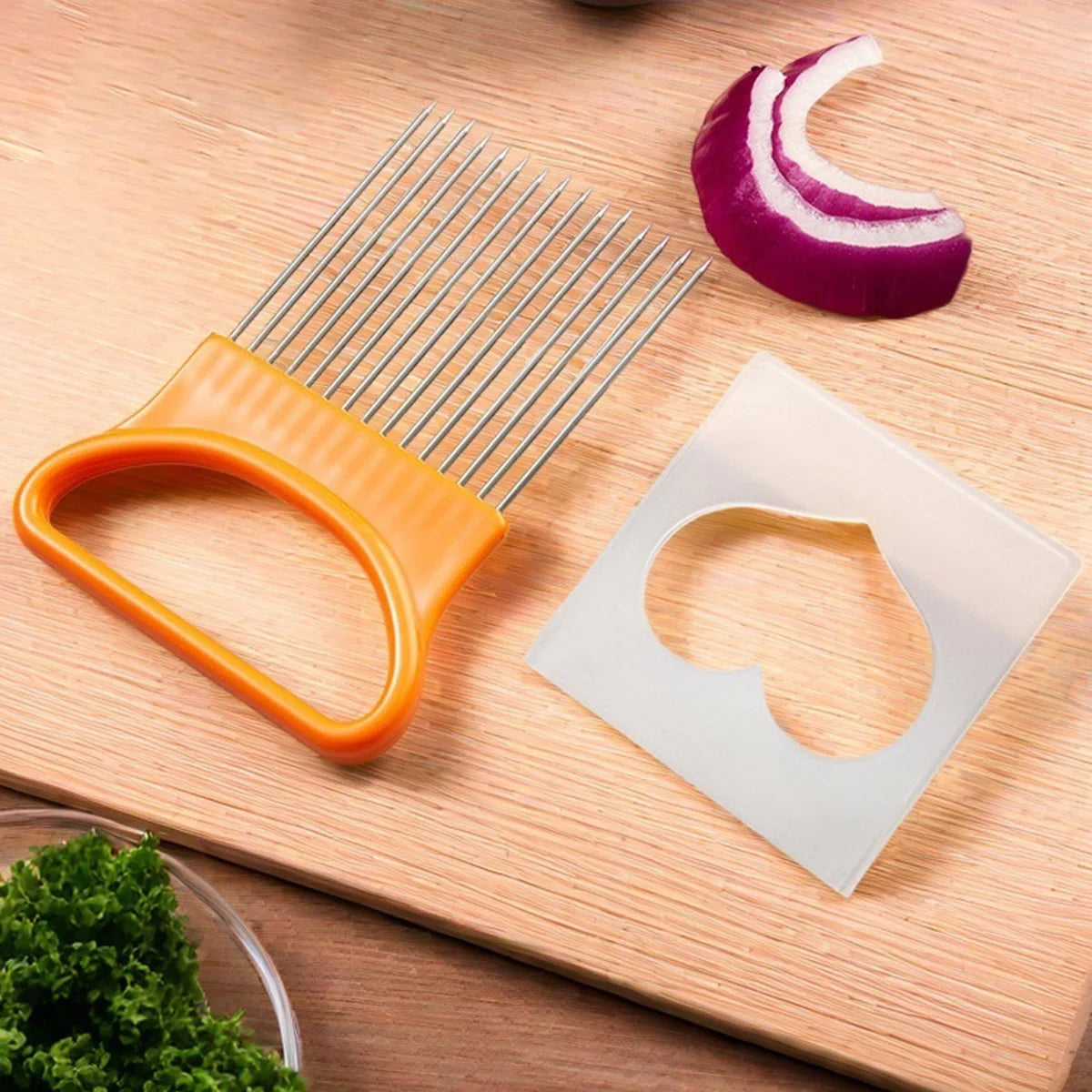 1PC-Stainless steel heart-shaped onion fork kitchen vegetable fruit clip potato needle slicing auxiliary tool