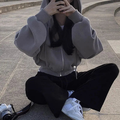 Autumn Winter Hooded Hoodies Women Casual Streetwear Zip Up Sweatshirts Long Sleeve Jackets Harajuku Y2K Crop Tops Hood Shirt - Smarsty