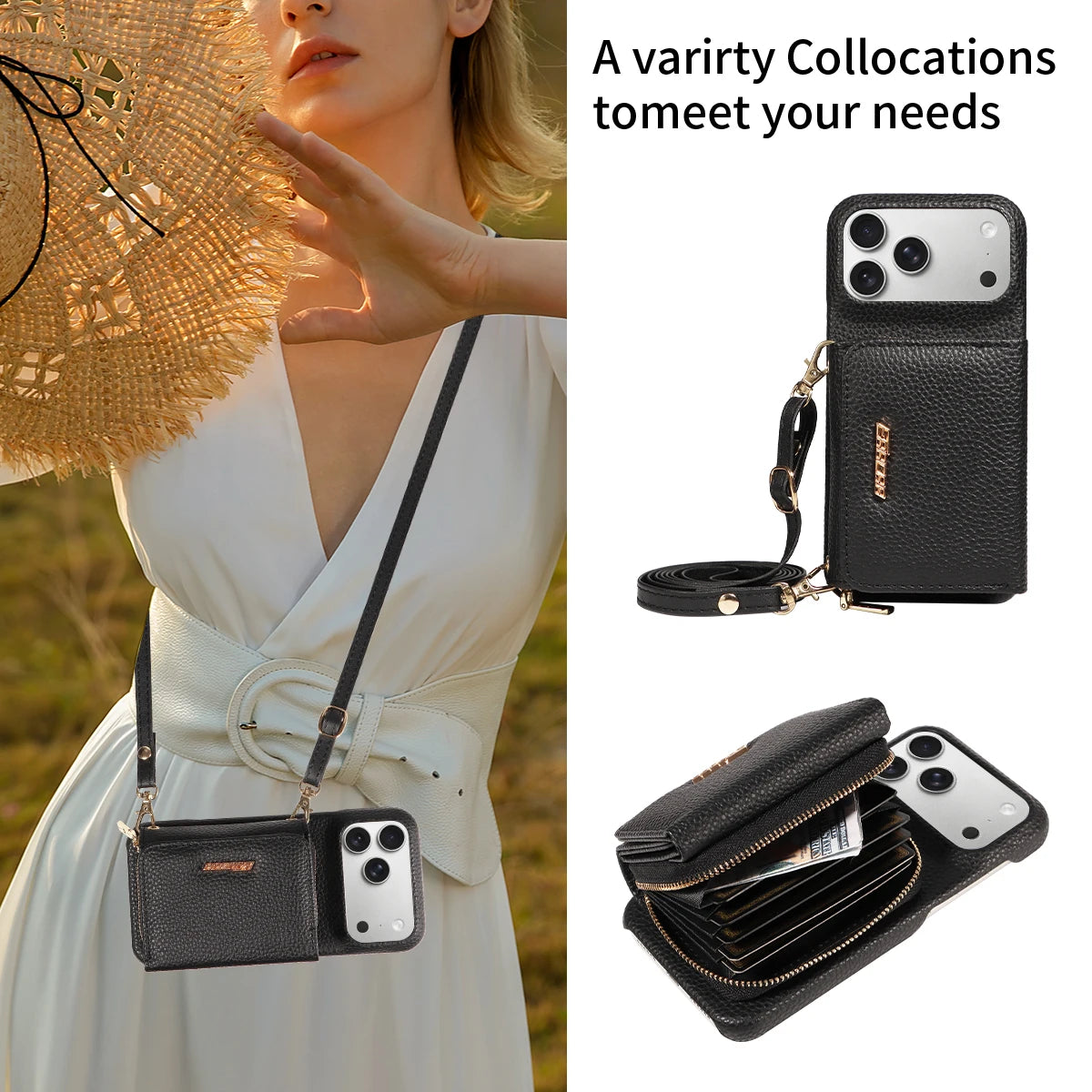 Crossbody PU Leather Phone Case for IPhone17 16 15 14 13 12 11pro Max Plus Mini Air 16e with Stand & Card Slots Wallet Cover