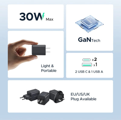【US Plug】UGREEN 20W 30W GaN Charger Mini PD 3.0 USB C Phone Charger For iPhone 16 15 14 Pro Samsung S25 Xiaomi Tablet iPad Air - Smarsty