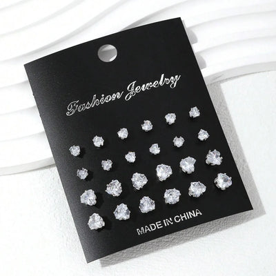 12 Pairs Zirconia Stud Earrings Gift Set Luxurious Shiny - Smarsty
