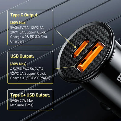 30W USB Car Charger FastCharge QC 4.0 USB PD TypeC - Smarsty