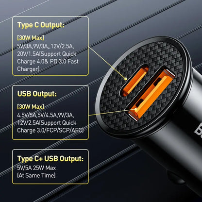 30W USB Car Charger FastCharge QC 4.0 USB PD TypeC - Smarsty