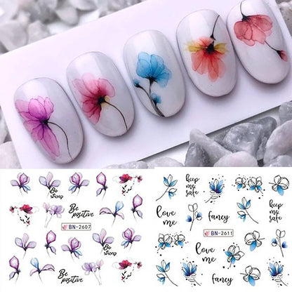 12 Pcs Summer Ink Flowers Nail Art Stickers - Smarsty