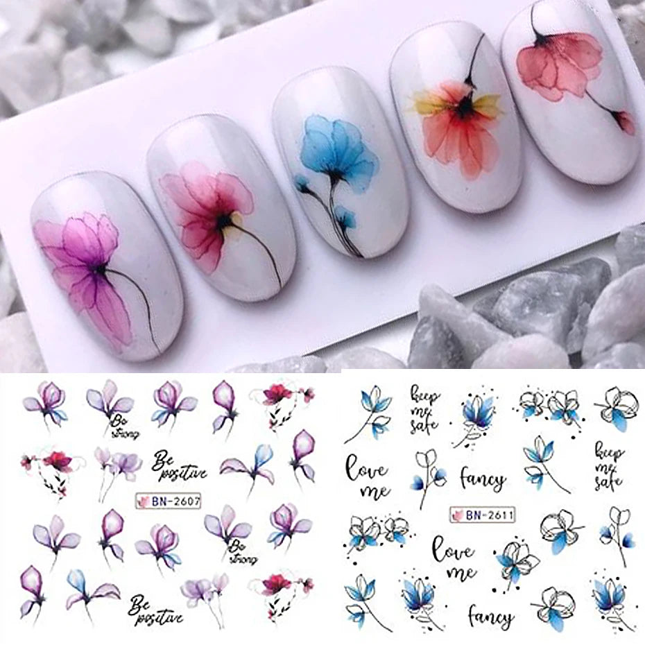 12 Pcs Summer Ink Flowers Nail Art Stickers - Smarsty