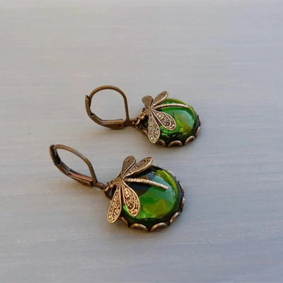 Vintage Bronze Dragonfly Drop Earrings with Moonstone Accent - Smarsty