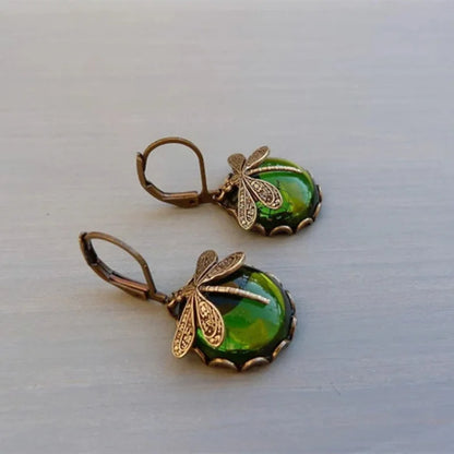 Vintage Bronze Dragonfly Drop Earrings with Moonstone Accent - Smarsty