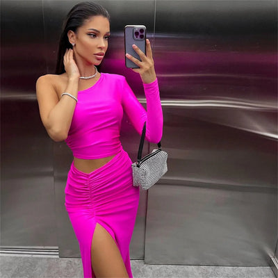 CNYISHE One Shoulder Cut Out Split Ruched Maxi Dress for Women Elegant Party Prom Gown Dresses Woman Sexy Birthday Outfits Robes - Smarsty