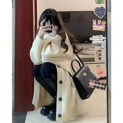 Autumn Winter Women Cardigan Sweater Coats Fashion Female Long Sleeve V-neck Loose Knitted Jackets Casual Sweater Cardigans - Smarsty