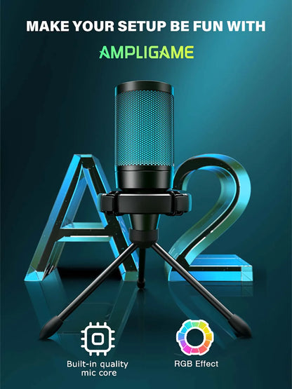 AmpliGame RGB USB Gaming Microphone with Mute Feature - Smarsty