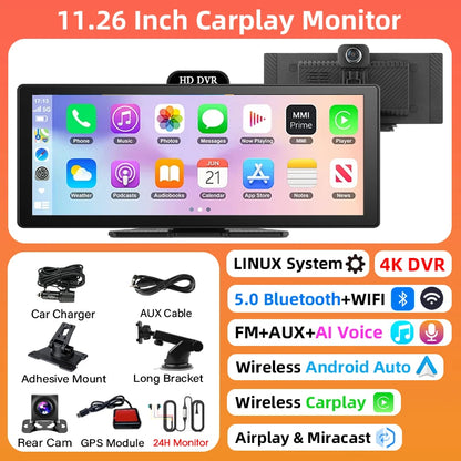 4K Dash Cam With Dual Lens GPS Navigation Wireless CarPlay - Smarsty