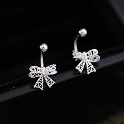 925 Sterling Silver Lace Heart Bow Stud Earrings Minimalist - Smarsty