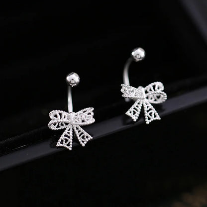 925 Sterling Silver Lace Heart Bow Stud Earrings Minimalist - Smarsty