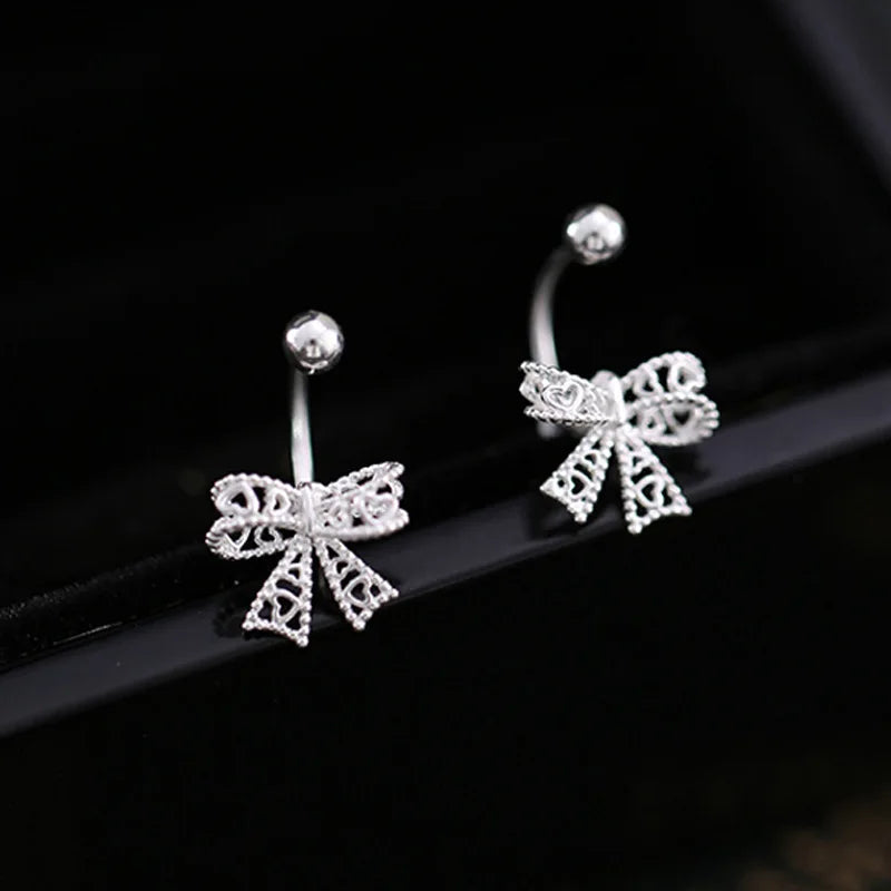 925 Sterling Silver Lace Heart Bow Stud Earrings Minimalist - Smarsty
