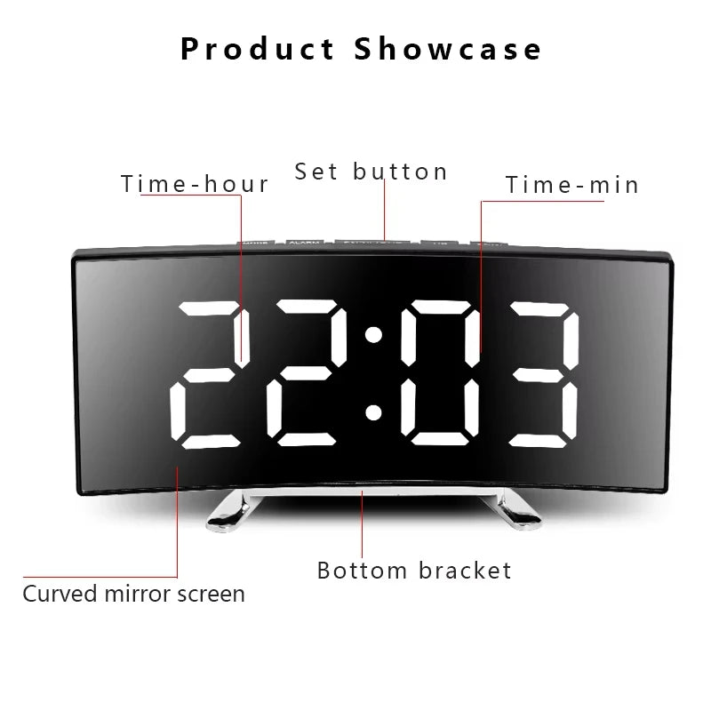 LED Curved Alarm Clock with Dual-purpose Mirror Display - Smarsty