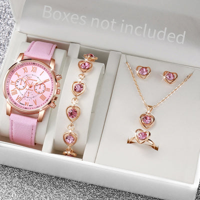 5/6PCS Fashion Women's Quartz Watch Leather Band Analog Wrist Watches Heart Rhinestone Jewelry Set(Without Box) - Smarsty