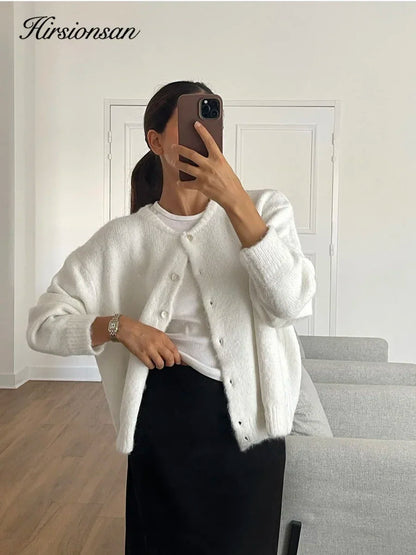 Hirsionsan Elegant Long Sleeve Sweater Women 2024 New Single-Breasted Female Casual Cardigan Soft Cashmere Knitted Outwear