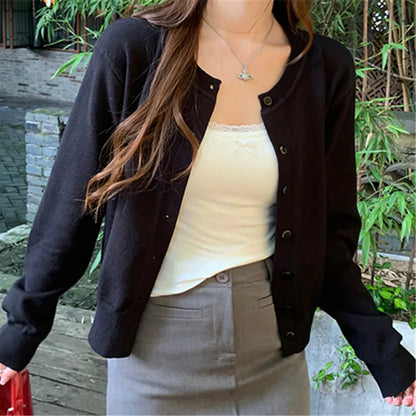 AOSSVIAO Women's Long Sleeve 2025 Cardigan O Neck Button Down Knit Lady Autumn Spring Knitted Single-breasted Cardigan Sweaters - Smarsty